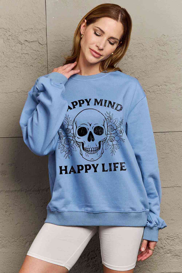 Simply Love Simply Love Full Size HAPPY MIND HAPPY LIFE SKULL Graphic Sweatshirt |1mrk.com