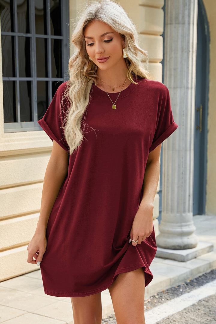 Round Neck Rolled Short Sleeve Tee Dress | Trendsi