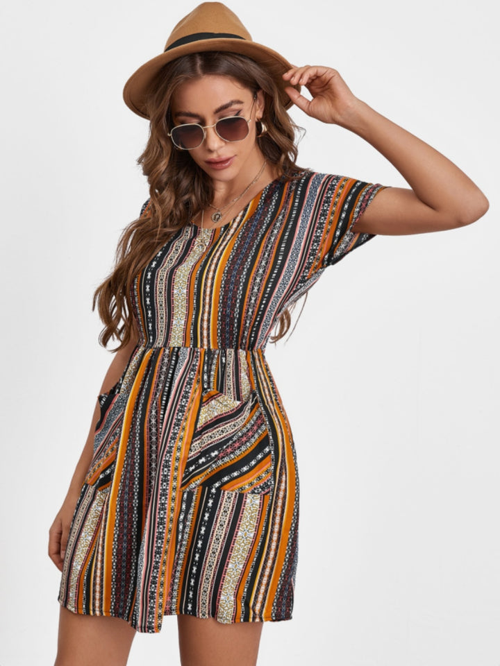 Pocketed Striped Short Sleeve Dress | Trendsi