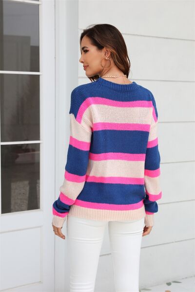 Color Block Round Neck Dropped Shoulder Sweater |1mrk.com