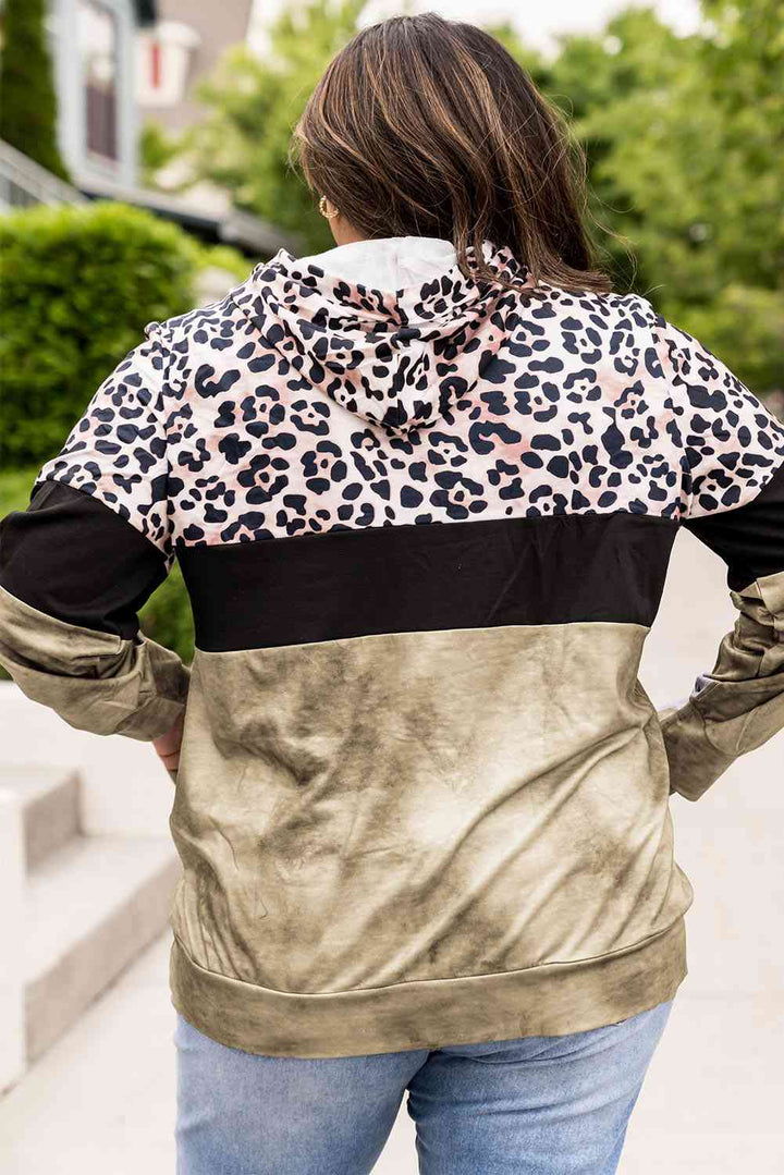 Plus Size Leopard Print Color Block Hoodie with Kangaroo Pocket | 1mrk.com