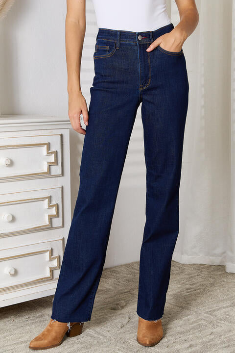 Judy Blue Full Size Raw Hem Straight Leg Jeans with Pockets |1mrk.com