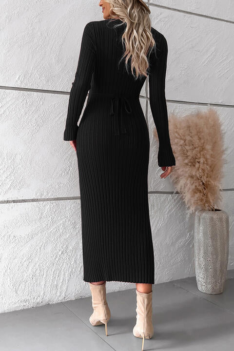 V-Neck Long Sleeve Ribbed Sweater Dress | 1mrk.com