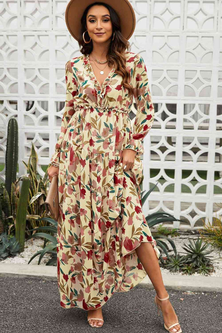 Floral Frill Trim Flounce Sleeve Plunge Maxi Dress | 1mrk.com