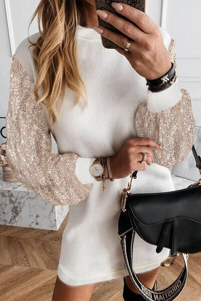 Sequin Long Sleeve Round Neck Mini Dress | 1mrk.com