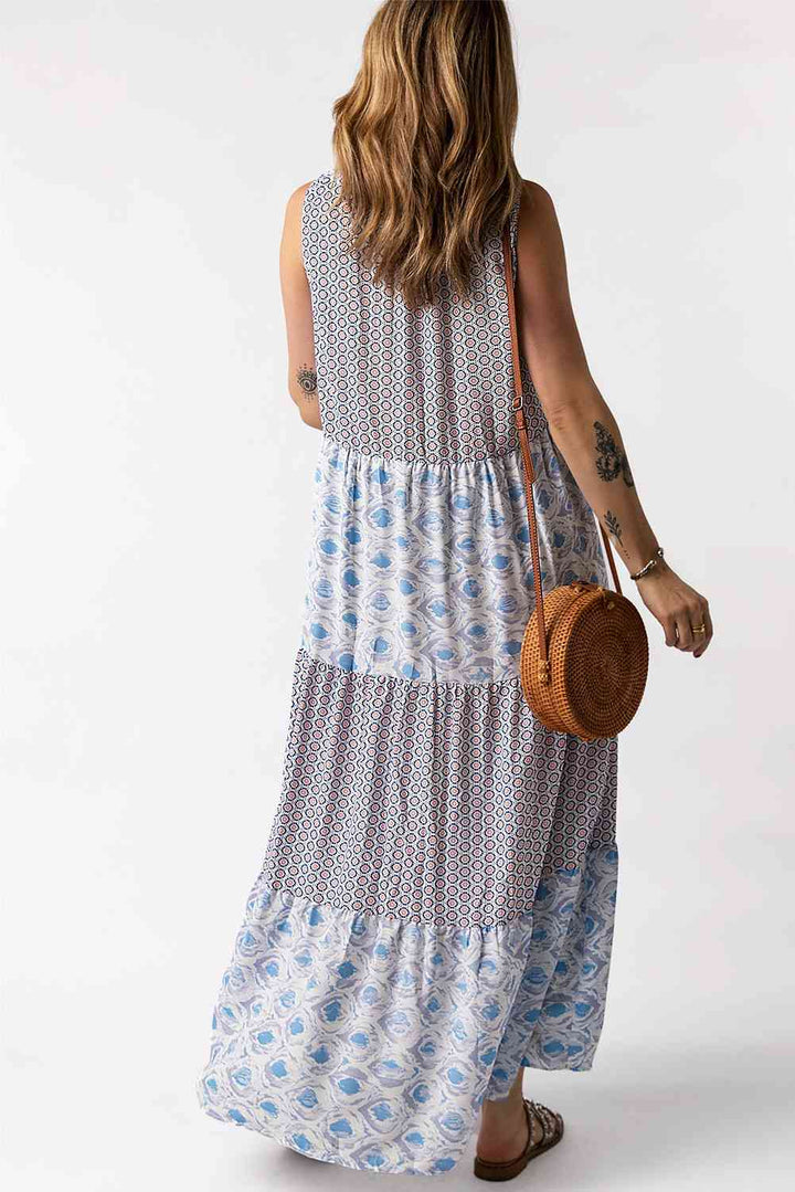 Mixed Print Tie-Neck Sleeveless Maxi Dress |1mrk.com