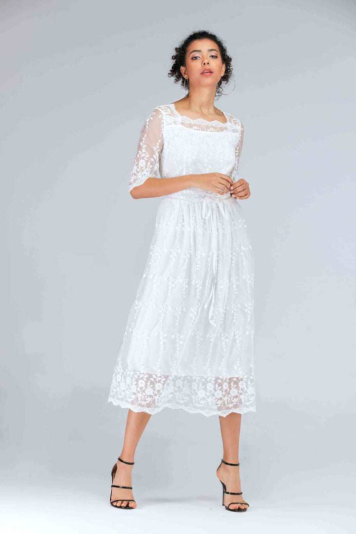 Scalloped Lace Half Sleeve Midi Dress |1mrk.com