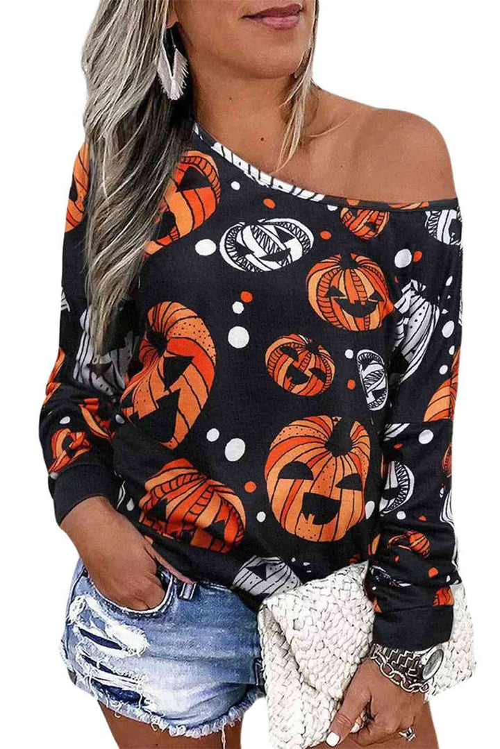 One Shoulder Jack-O'-Lantern Graphic Sweatshirt |1mrk.com