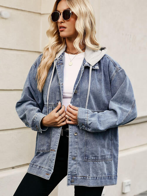 Drawstring Button Down Hooded Denim Jacket | 1mrk.com