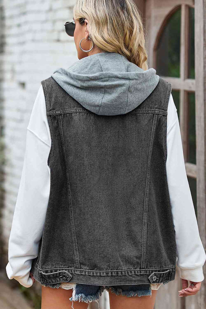 Sleeveless Hooded Denim Jacket with Pockets | 1mrk.com