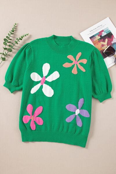 Flower Mock Neck Short Sleeve Sweater |1mrk.com