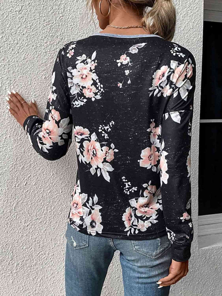 Floral Print Contrast Round Neck Dropped Shoulder Sweatshirt |1mrk.com