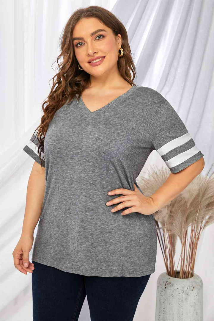 Plus Size Striped V-Neck Tee Shirt | 1mrk.com