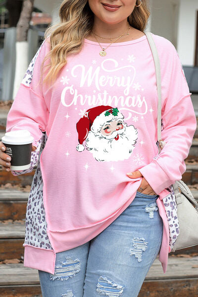 Plus Size Santa Leopard Dropped Shoulder Sweatshirt |1mrk.com