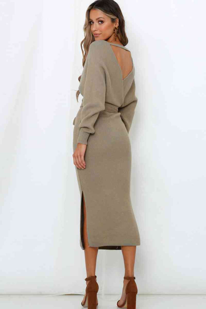 Surplice Neck Bow Waist Slit Sweater Dress |1mrk.com