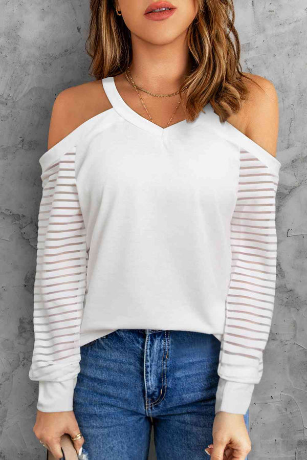 Cold-Shoulder Sheer Striped Sleeve Top |1mrk.com