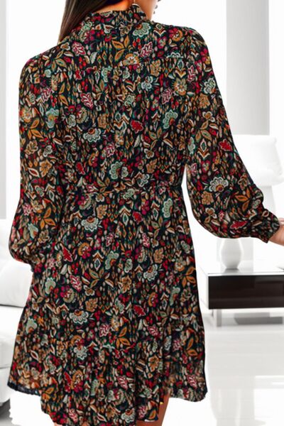 Printed Notched Long Sleeve Dress |1mrk.com