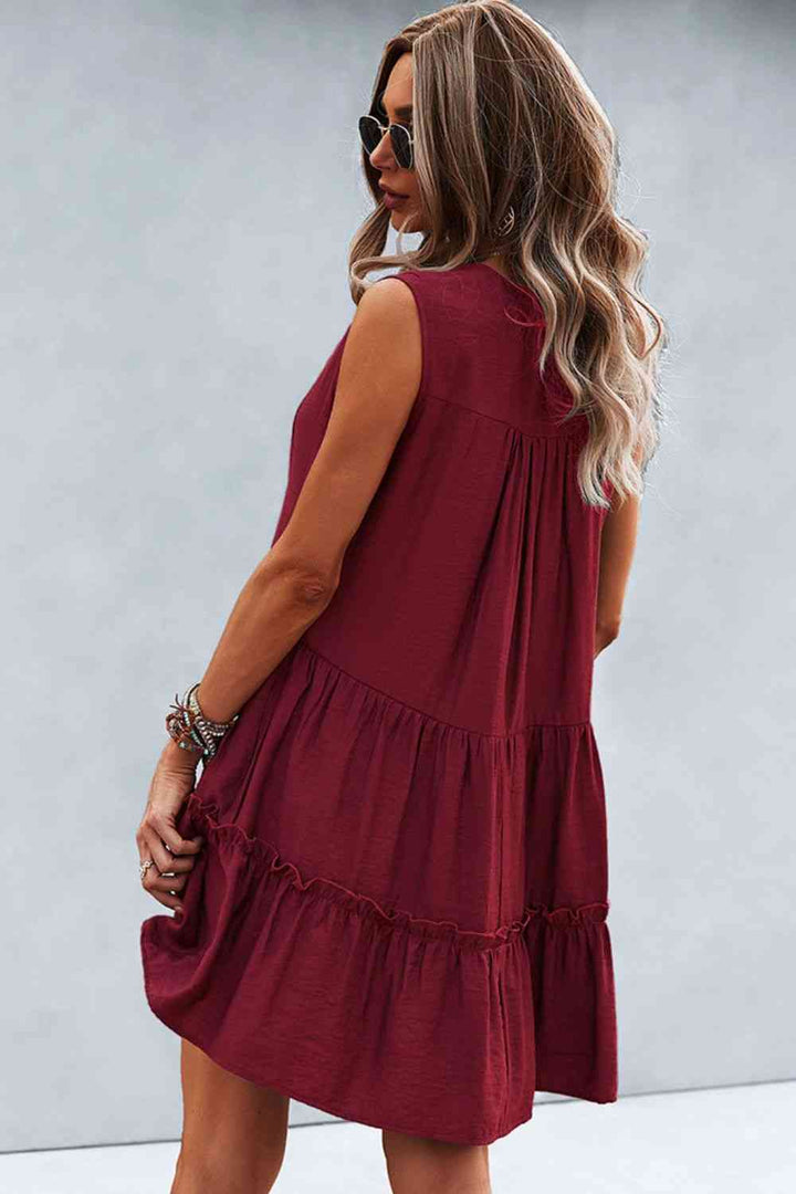 Frill Trim Notched Sleeveless Tiered Dress |1mrk.com