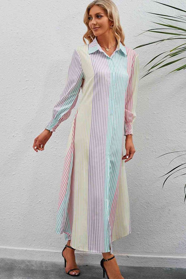 Rainbow Stripe Button-Up Maxi Shirt Dress |1mrk.com