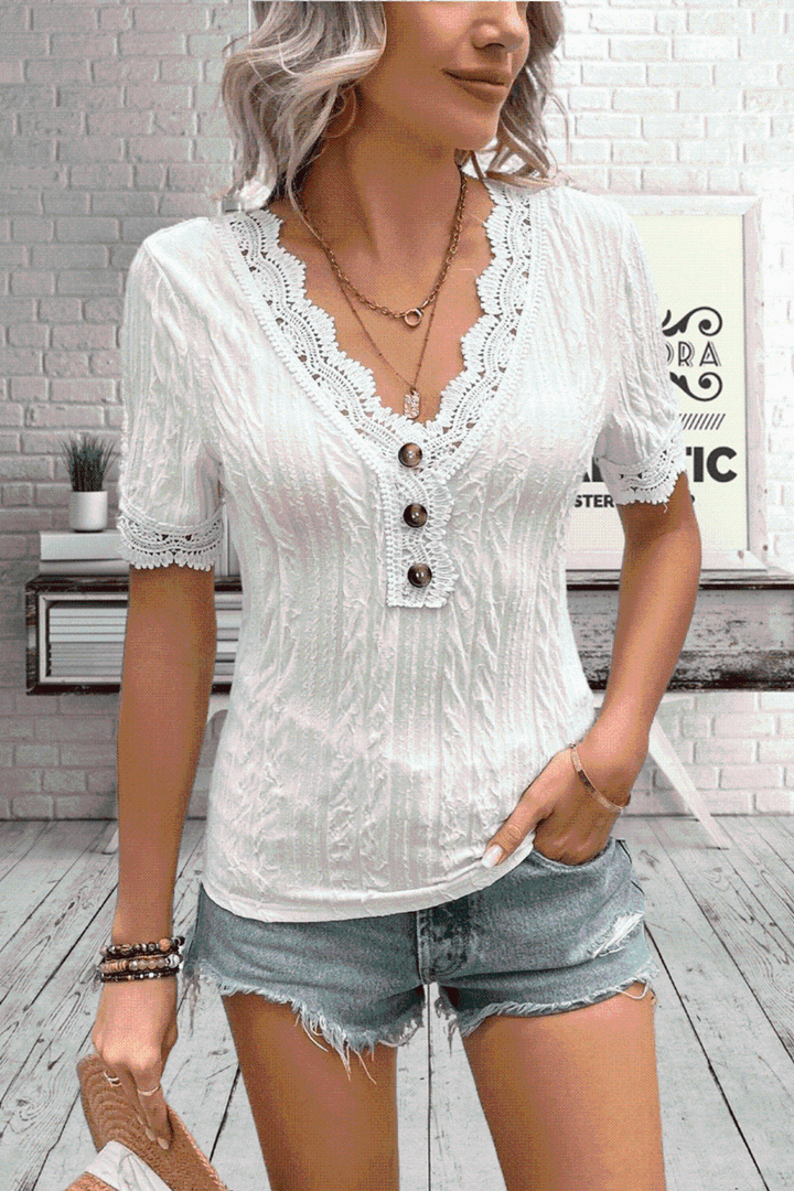 Buttoned V-Neck Lace Trim T-Shirt | 1mrk.com