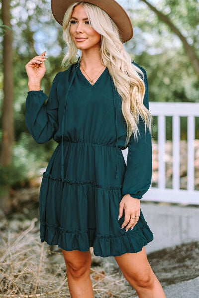 Frill Tie Neck Balloon Sleeve Dress | Trendsi