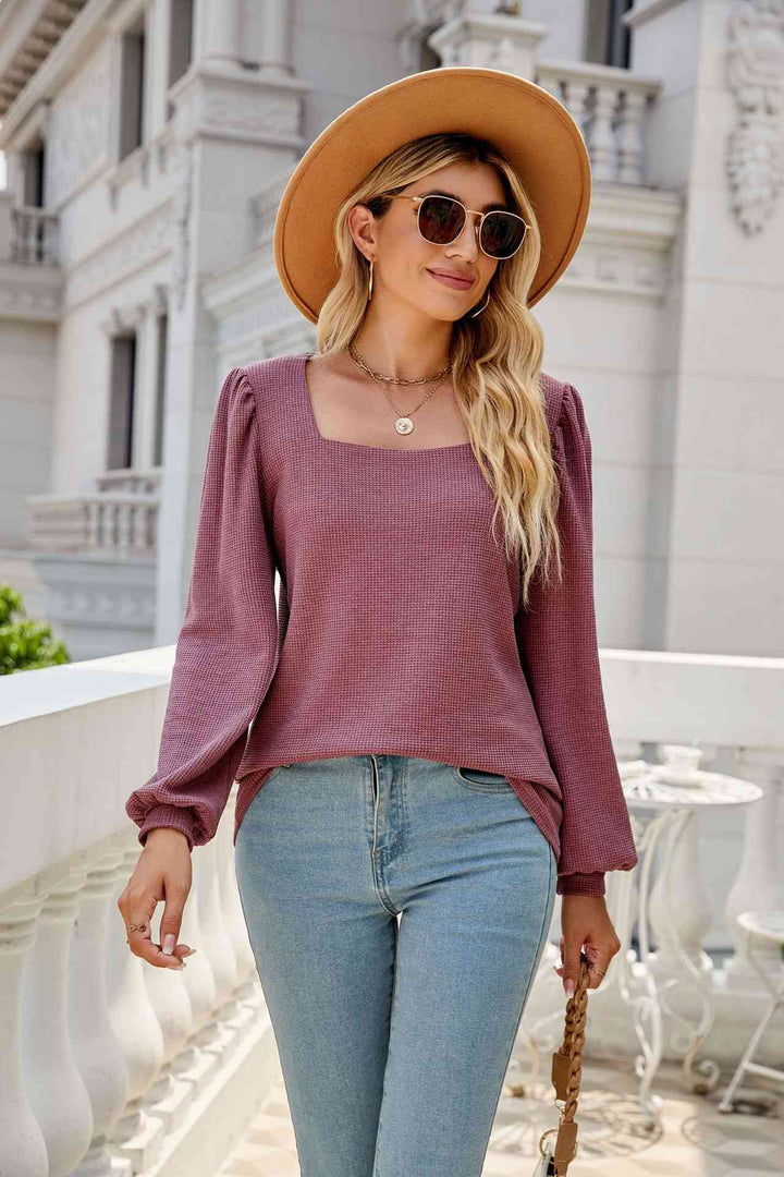 Waffle-Knit Puff Sleeve Square Neck Top | 1mrk.com
