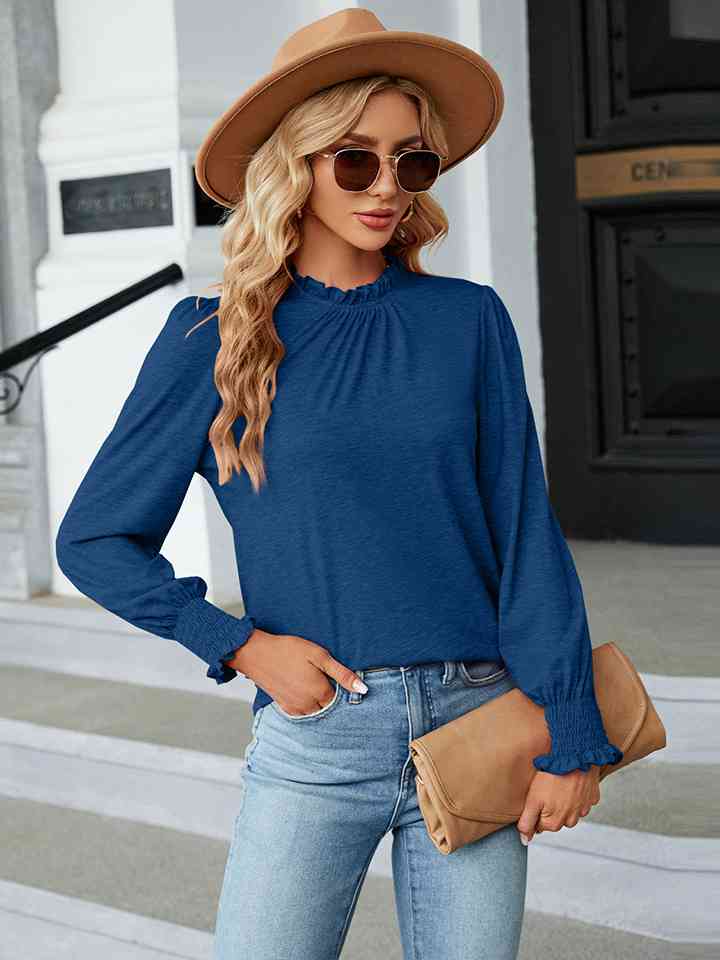 Round Neck Flounce Sleeve Blouse | 1mrk.com