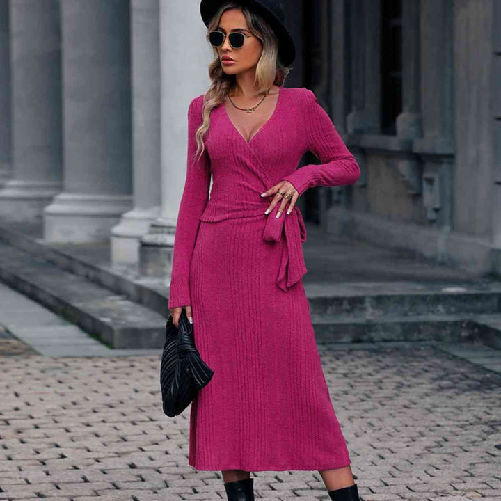 Surplice Neck Tied Long Sleeve Dress |1mrk.com