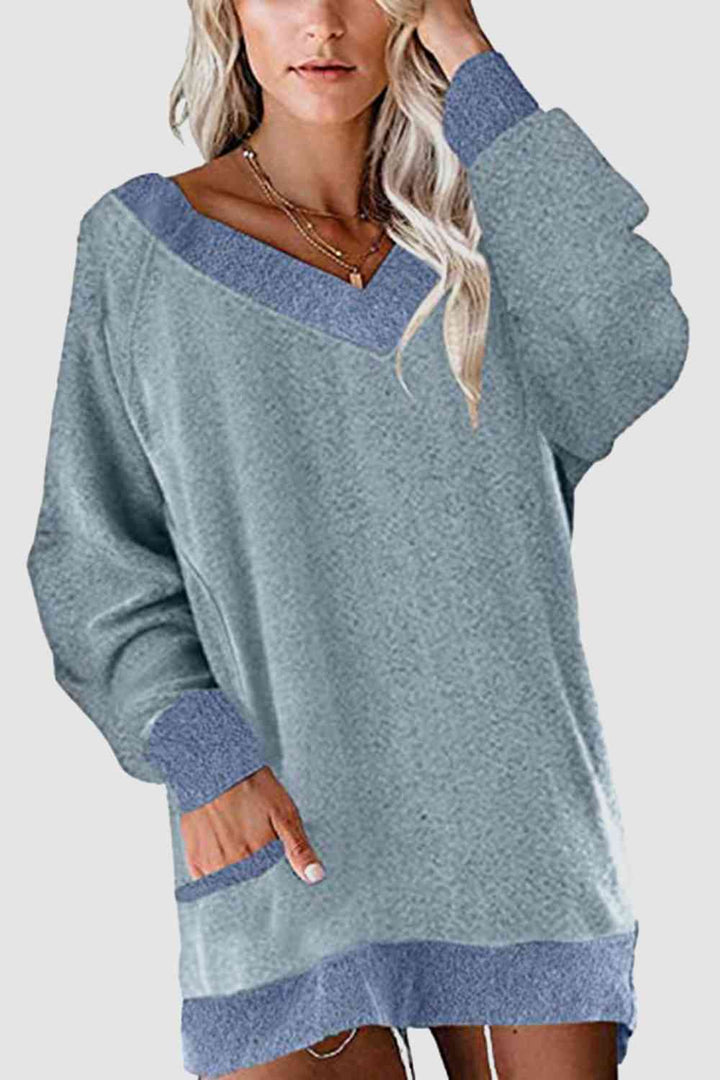 V-Neck Long Sleeve Sweatshirt with Pockets |1mrk.com