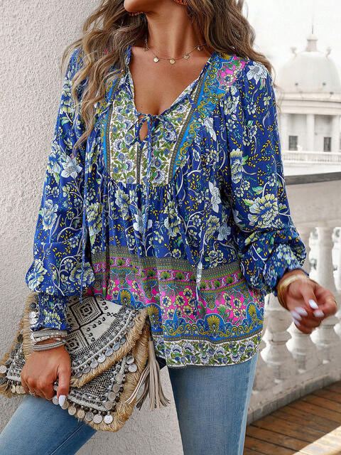 Bohemian Tie Neck Lantern Sleeve Blouse | 1mrk.com