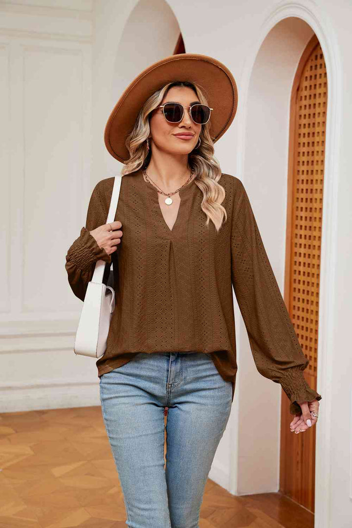 Notched Neck Flounce Sleeve Blouse | 1mrk.com