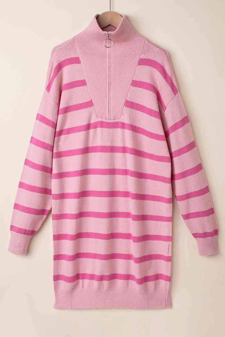 Striped Quarter-Zip Collared Sweater Dress |1mrk.com