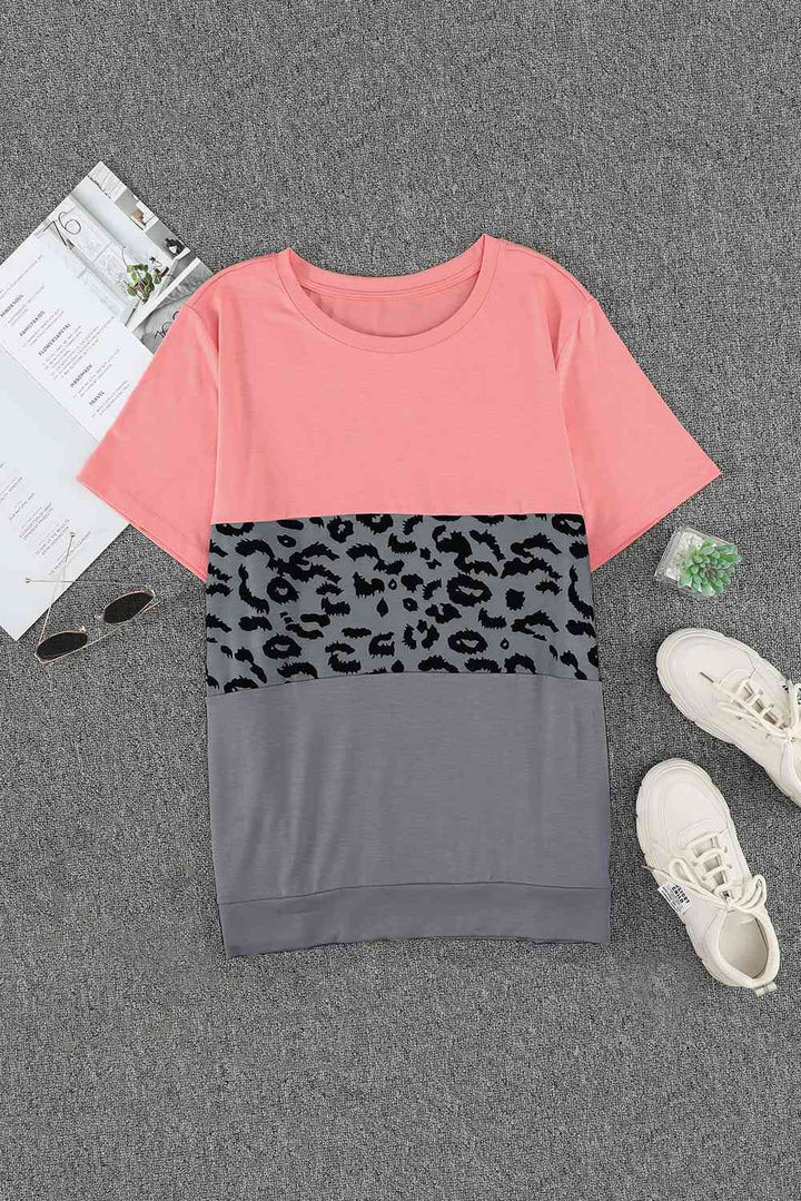 Plus Size Leopard Color Block T-Shirt | 1mrk.com