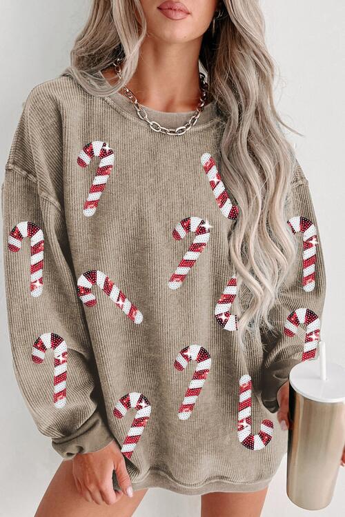 Sequin Candy Cane Round Neck Sweatshirt |1mrk.com