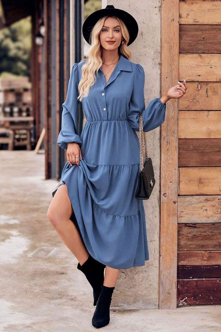 Collared Neck Long Sleeve Midi Dress |1mrk.com