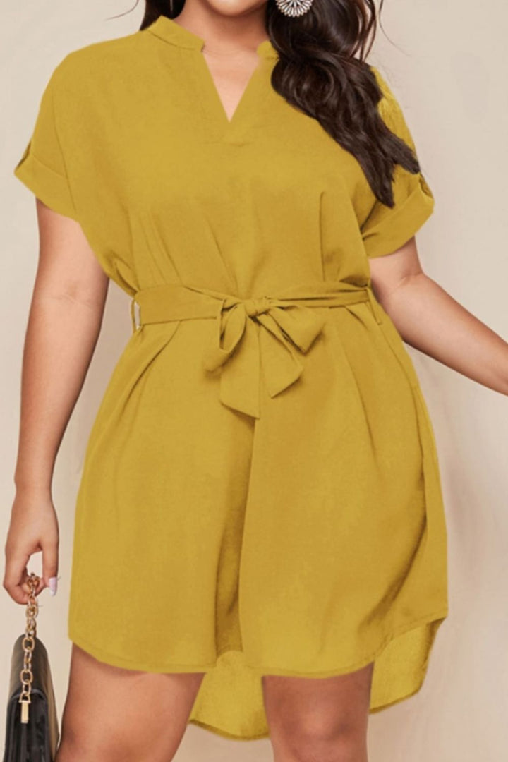 Plus Size Notched Tie Waist Mini Dress | Trendsi