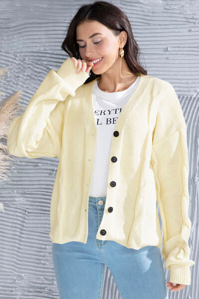 Button Up V-Neck Drop Shoulder Long Sleeve Cardigan |1mrk.com