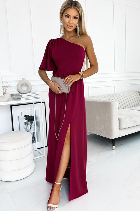 One shoulder Flutter sleeves Slit Dress | 1mrk.com