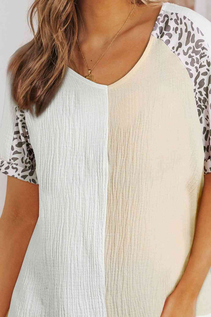 Leopard Color Block V-Neck Top | 1mrk.com