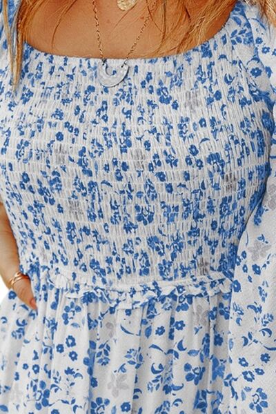 Smocked Floral Square Neck Balloon Sleeve Dress |1mrk.com