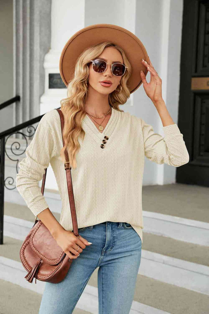 Decorative Button V-Neck Long Sleeve T-Shirt | 1mrk.com