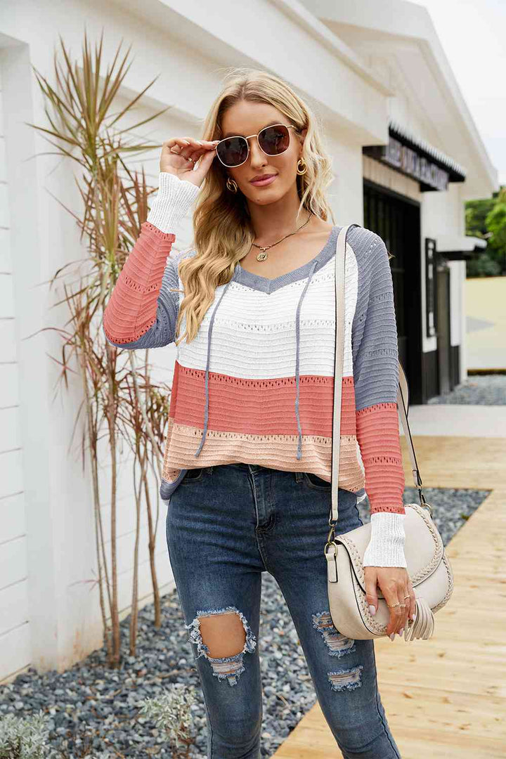 Color Block Drawstring Hooded Sweater |1mrk.com