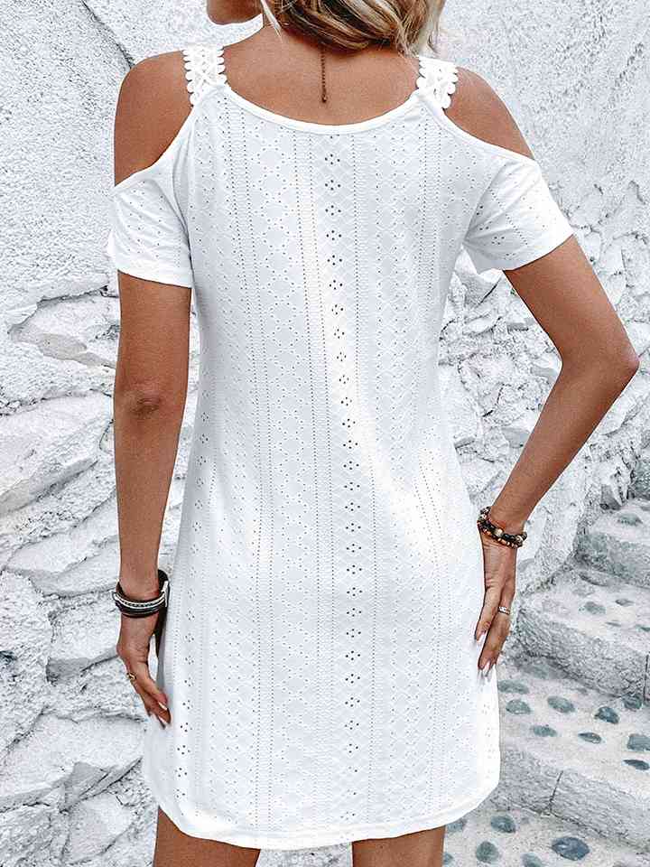 Eyelet V-Neck Cold-Shoulder Dress |1mrk.com