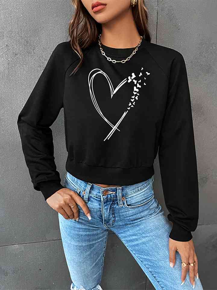 Round Neck Raglan Sleeve Heart Graphic Sweatshirt |1mrk.com