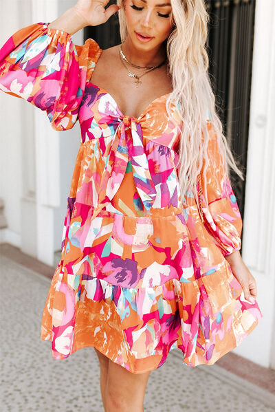 Sweetheart Neck Balloon Sleeve Tiered Mini Dress |1mrk.com