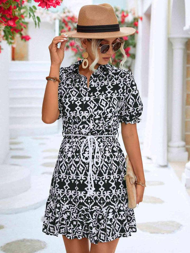 Printed Tie Waist Collared Flounce Sleeve Dress |1mrk.com