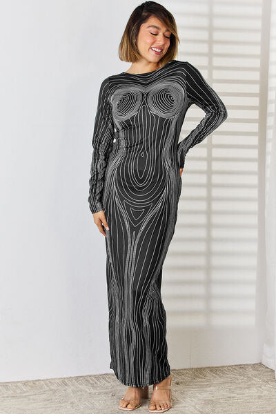 Cutout Round Neck Long Sleeve Maxi Dress |1mrk.com