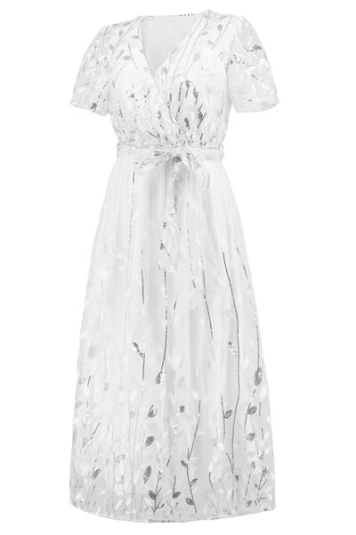 Sequin Leaf Embroidery Tie Front Short Sleeve Dress |1mrk.com