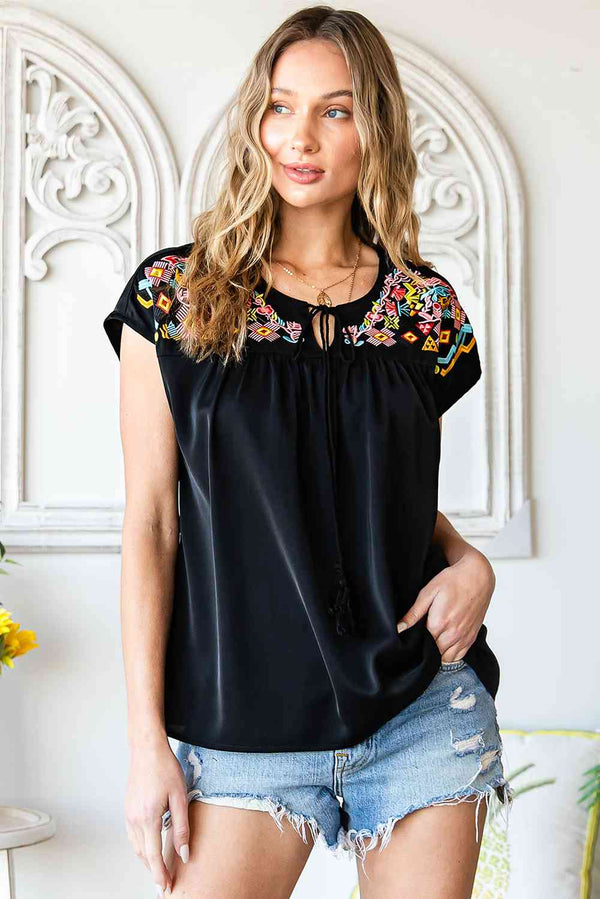 Embroidered Tie-Neck Tassel Blouse | 1mrk.com