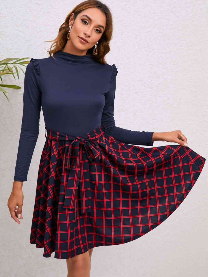 Plaid Tie Waist Ruffle Shoulder Dress |1mrk.com